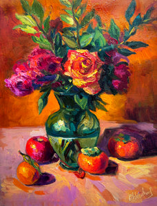 Roses in Green Glass Vase